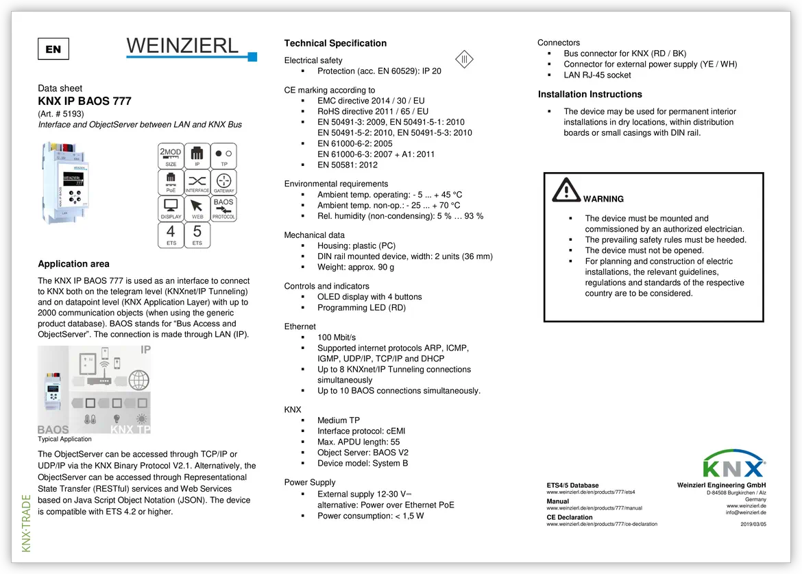 Datasheet (1) Weinzierl [5193] KNX IP BAOS 777 / Интерфейс BAOS, до 2000 точек