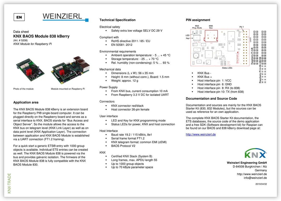 Datasheet (1) Weinzierl [5208] KNX BAOS Modul TP 838 kBerry / Модуль KNX BAOS для Raspberry Pi