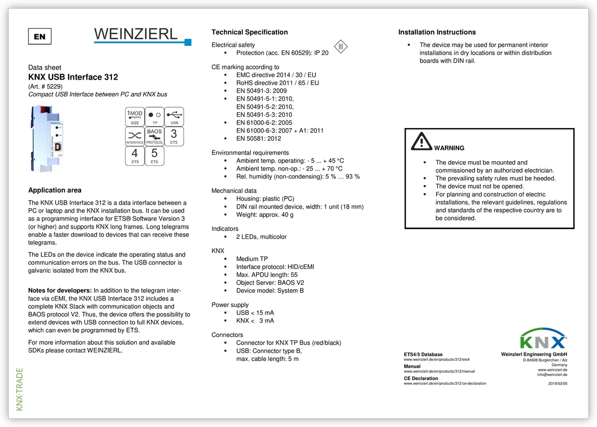 Datasheet (1) Weinzierl [5229] KNX USB Interface 312 / Интерфейс данных KNX USB (тип B)