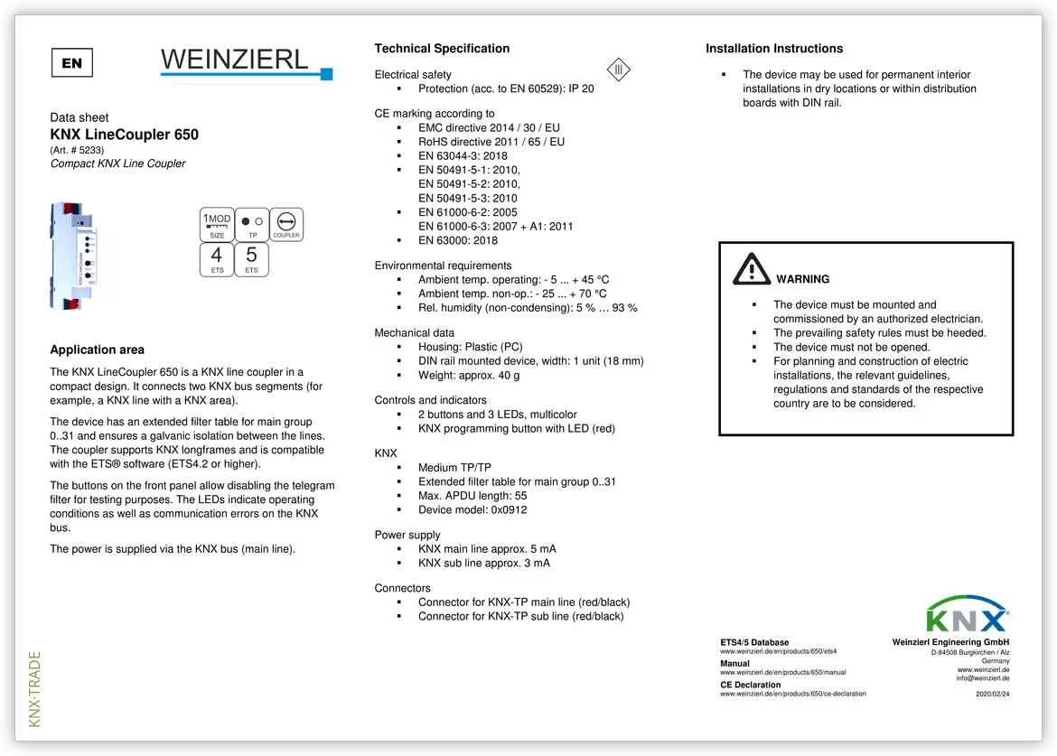 Datasheet (1) Weinzierl [5233] KNX LineCoupler 650 / Соединитель линейный KNX
