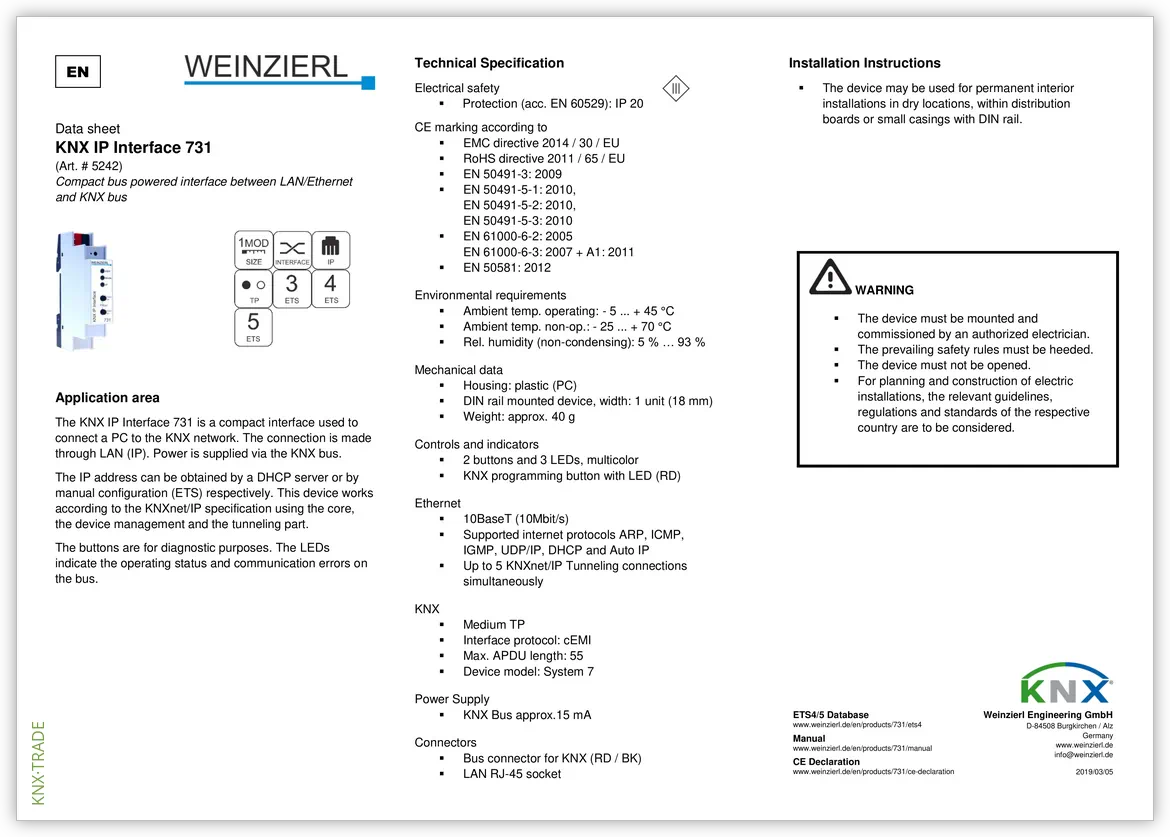Datasheet (1) Weinzierl [5242] KNX IP Interface 731 / Интерфейс KNX-IP