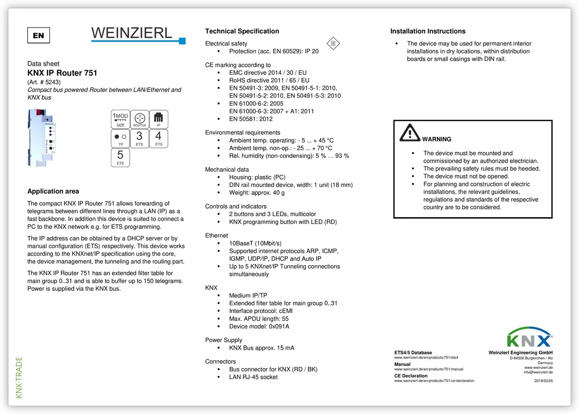 Datasheet (1) Weinzierl [5243] KNX IP Router 751 / Роутер KNX-IP