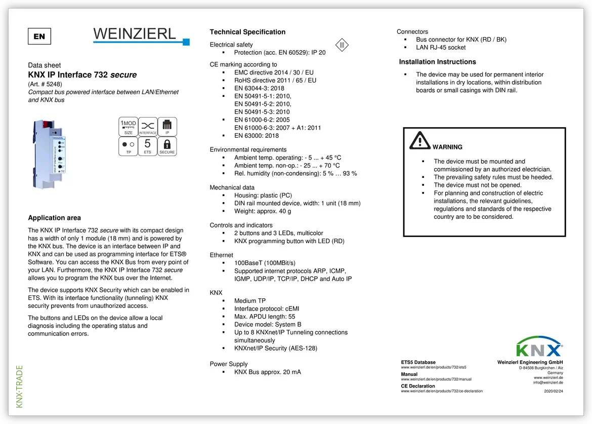 Datasheet (1) Weinzierl [5248] KNX IP Interface 732 Secure / Интерфейс KNX-IP, поддержка KNX Secure
