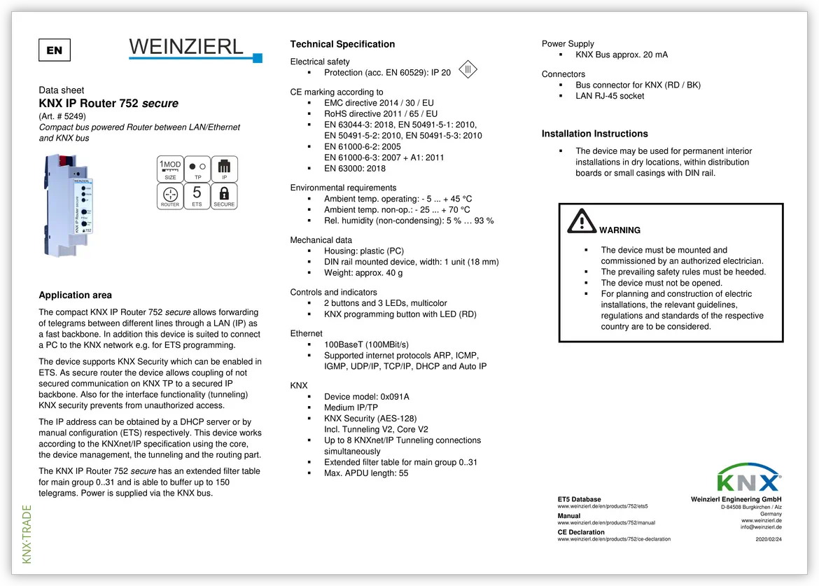 Datasheet (1) Weinzierl [5249] KNX IP Router 752 Secure / Роутер KNX-IP Router, поддержка KNX Secure