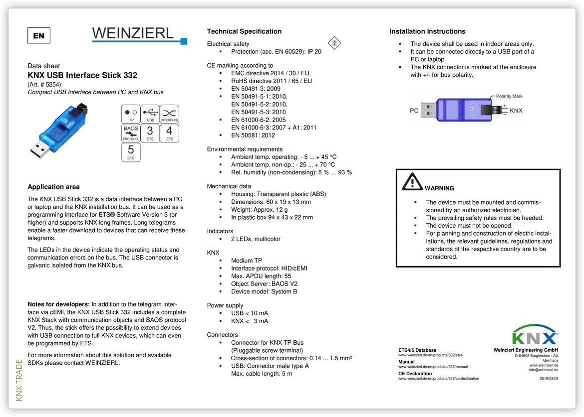 Datasheet (1) Weinzierl [5254] KNX USB Interface Stick 332 / Интерфейс данных KNX USB (тип A)