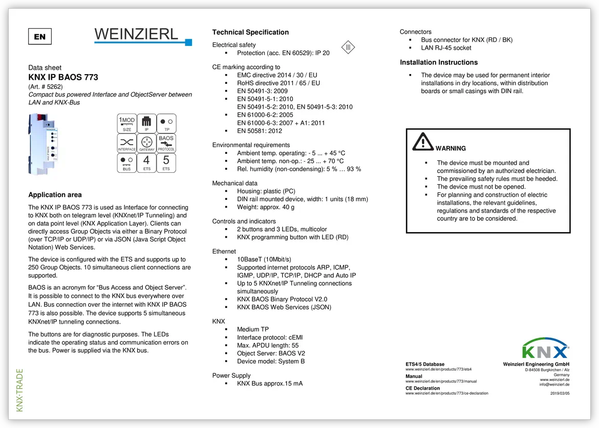 Datasheet (1) Weinzierl [5262] KNX IP BAOS 773 / Интерфейс BAOS, до 250 точек