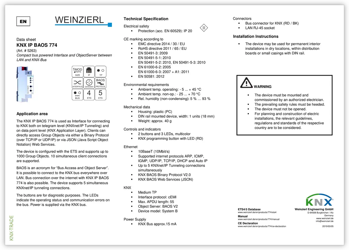 Datasheet (1) Weinzierl [5263] KNX IP BAOS 774 / Интерфейс BAOS, до 1000 точек