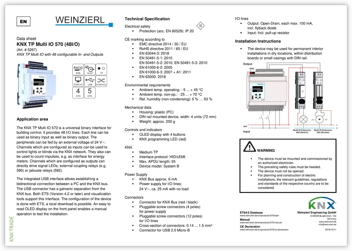Datasheet (1) Weinzierl [5267] KNX Multi IO 570 (TP) / Модуль бинарных входов/выходов KNX, 48x канальный