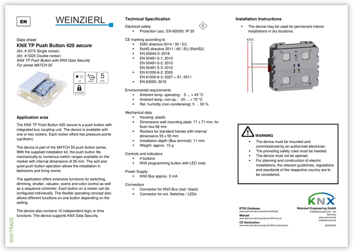 Datasheet (1) Weinzierl [5325] KNX TP PB2 420 Secure / Кнопочный выключатель 2х-кнопочный, комплект