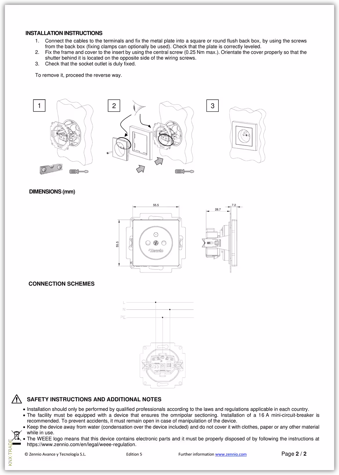 Datasheet (2) Zennio [8300005] ZS55 French / Розетка Френч, 55х55 мм