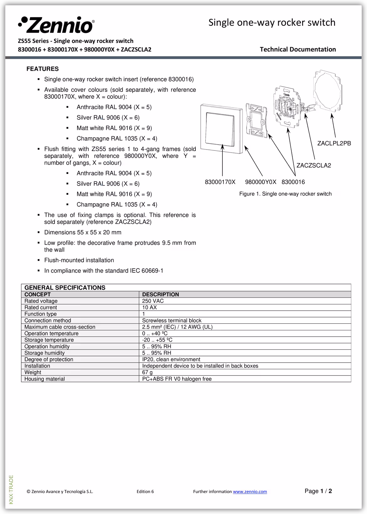 Datasheet (1) Zennio [8300017XX] ZS55 Double / Выключатель двух-клавишный, 55x55мм