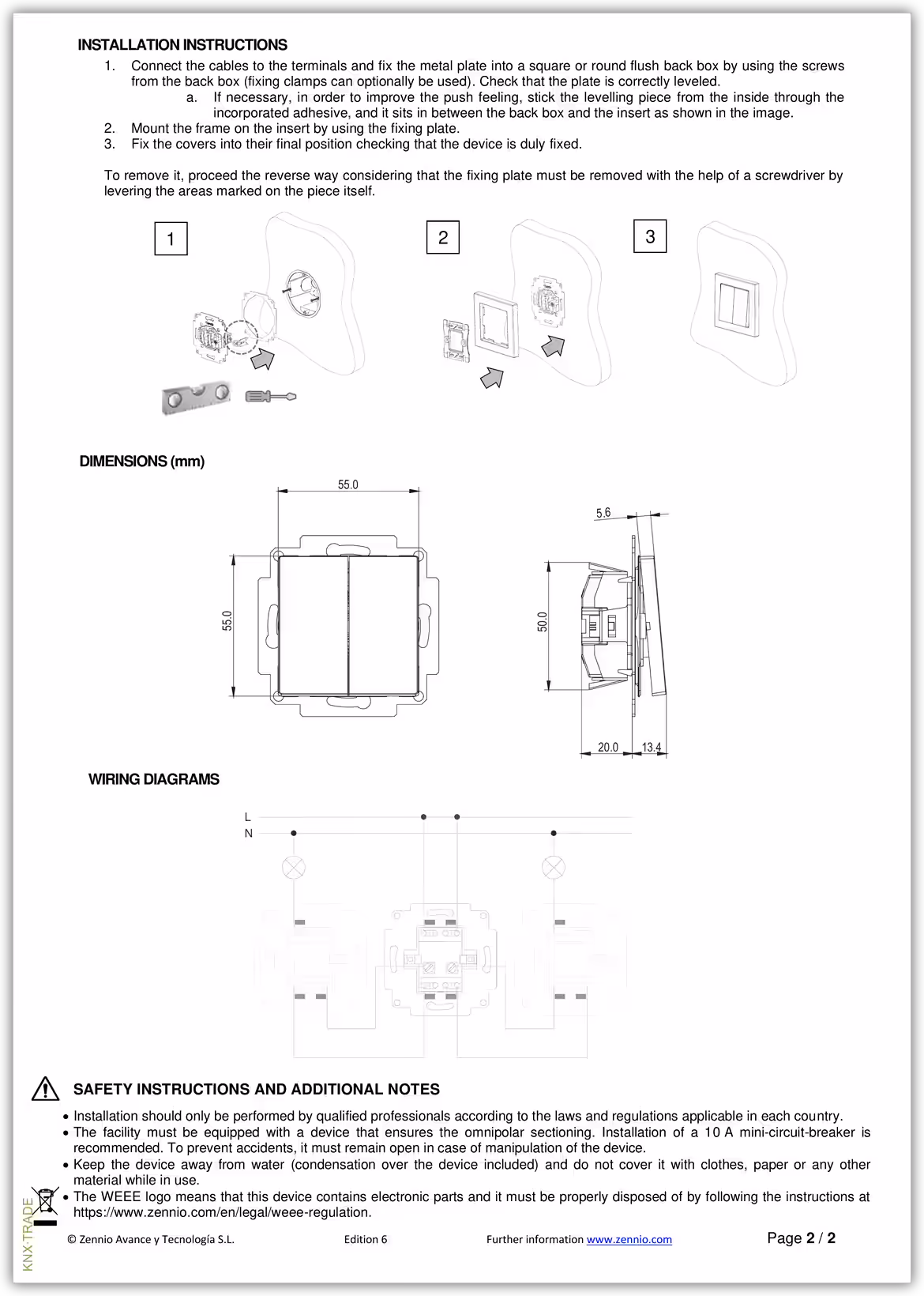Datasheet (4) Zennio [8300019XX] ZS55 Single / Выключатель одно-клавишный, 55x55мм