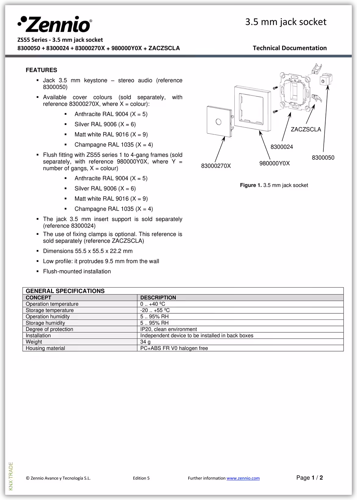 Datasheet (1) Zennio [8300050] ZS55 3.5 Jack / Розетка аудио-выход, 55x55мм