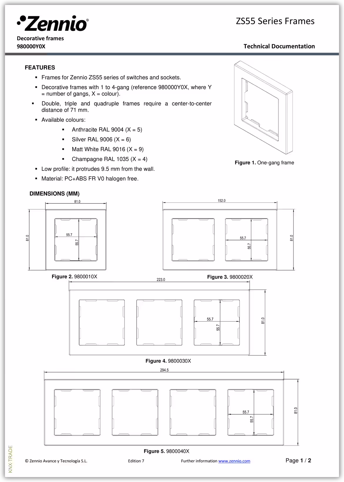 Datasheet (1) Zennio [980000Y0X] ZS55 Frames / Рамка 55х55 мм