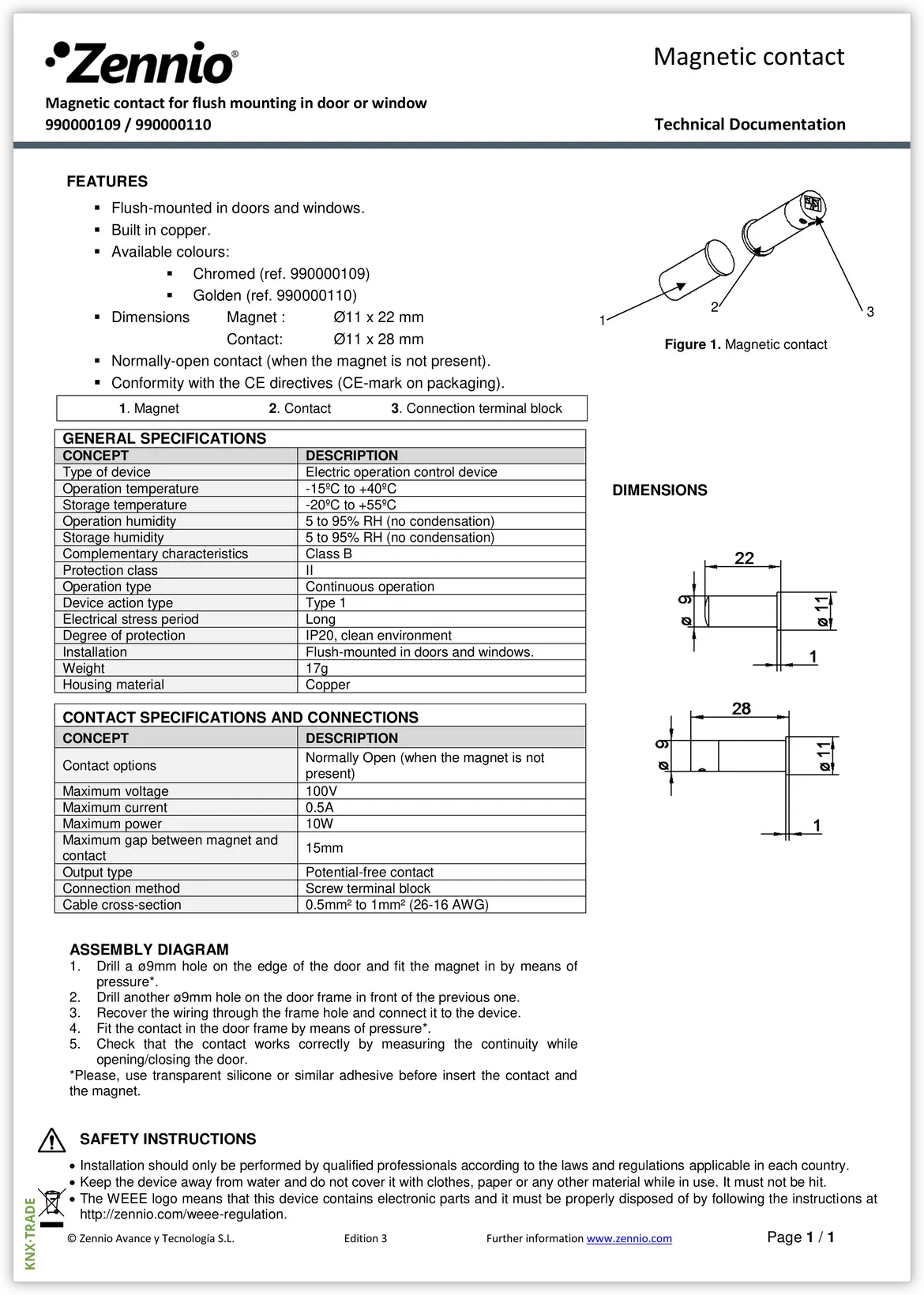 Datasheet (1) Zennio [9900001XX] Contact 9900001XX / Датчик магнито-контактный для дверей и окон, врезной