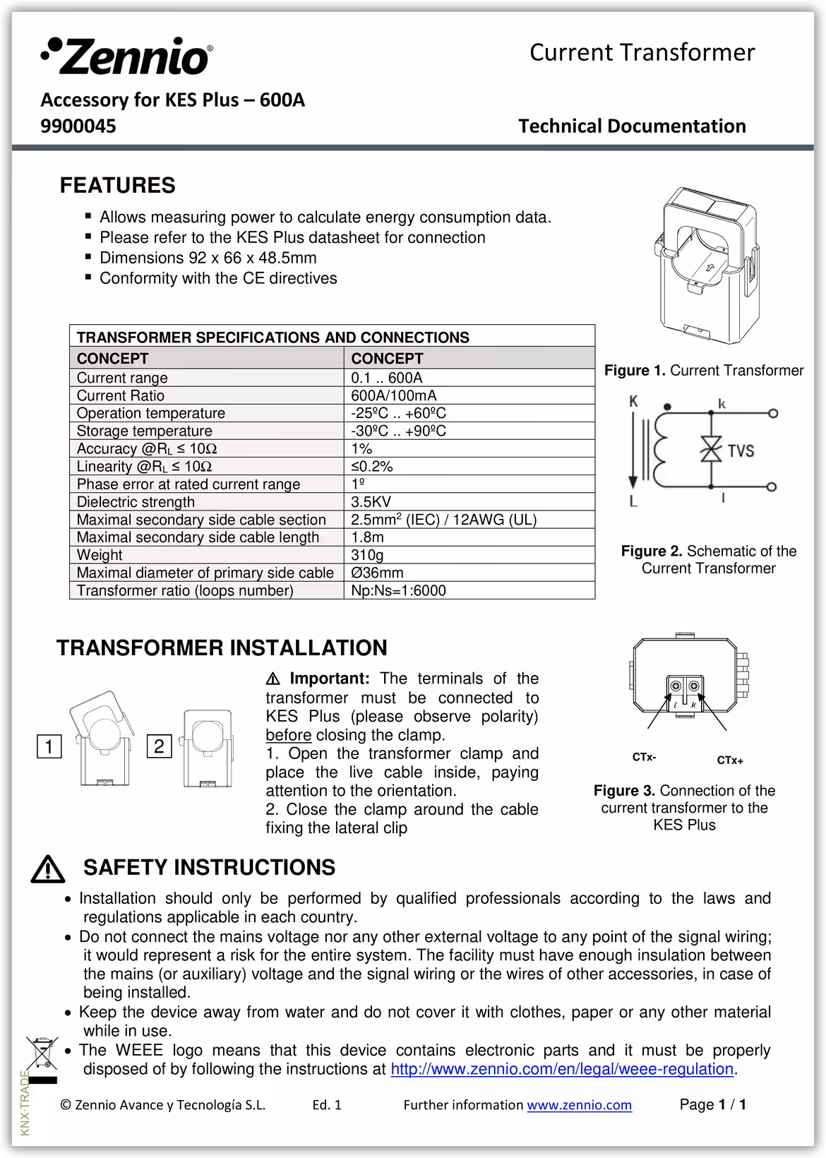 Datasheet (1) Zennio [9900045] Current Transformer / Сенсор тока 600A