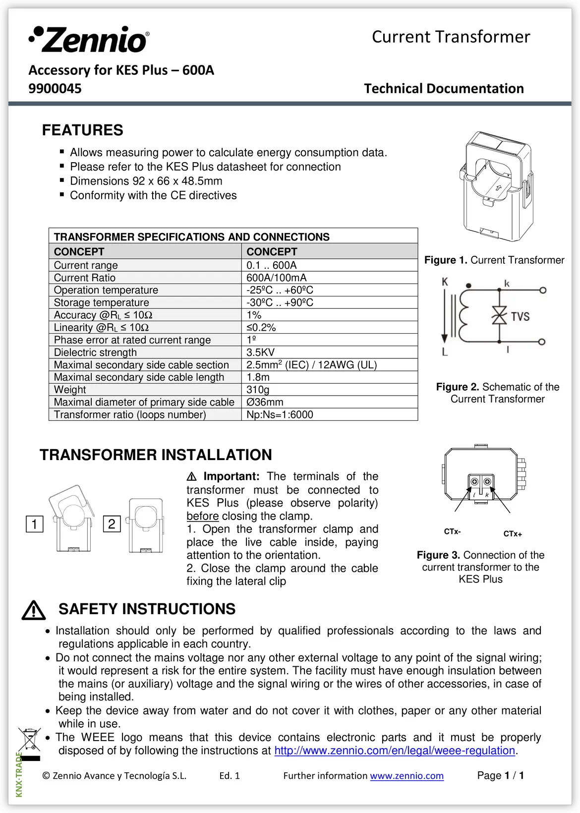 Datasheet (1) Zennio [9900045] Current Transformer / Сенсор тока 600A