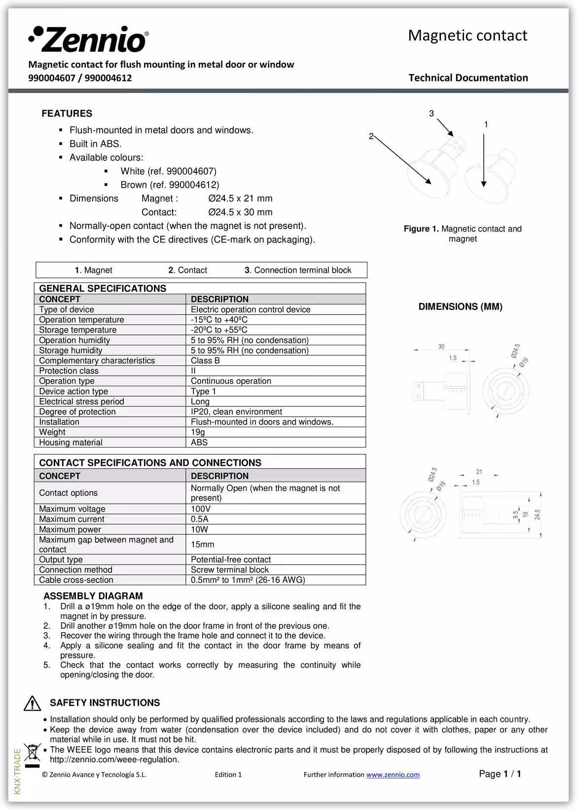 Datasheet (1) Zennio [9900046] 9900046 / Контакт магнитный двери/окна, скрытый монтаж