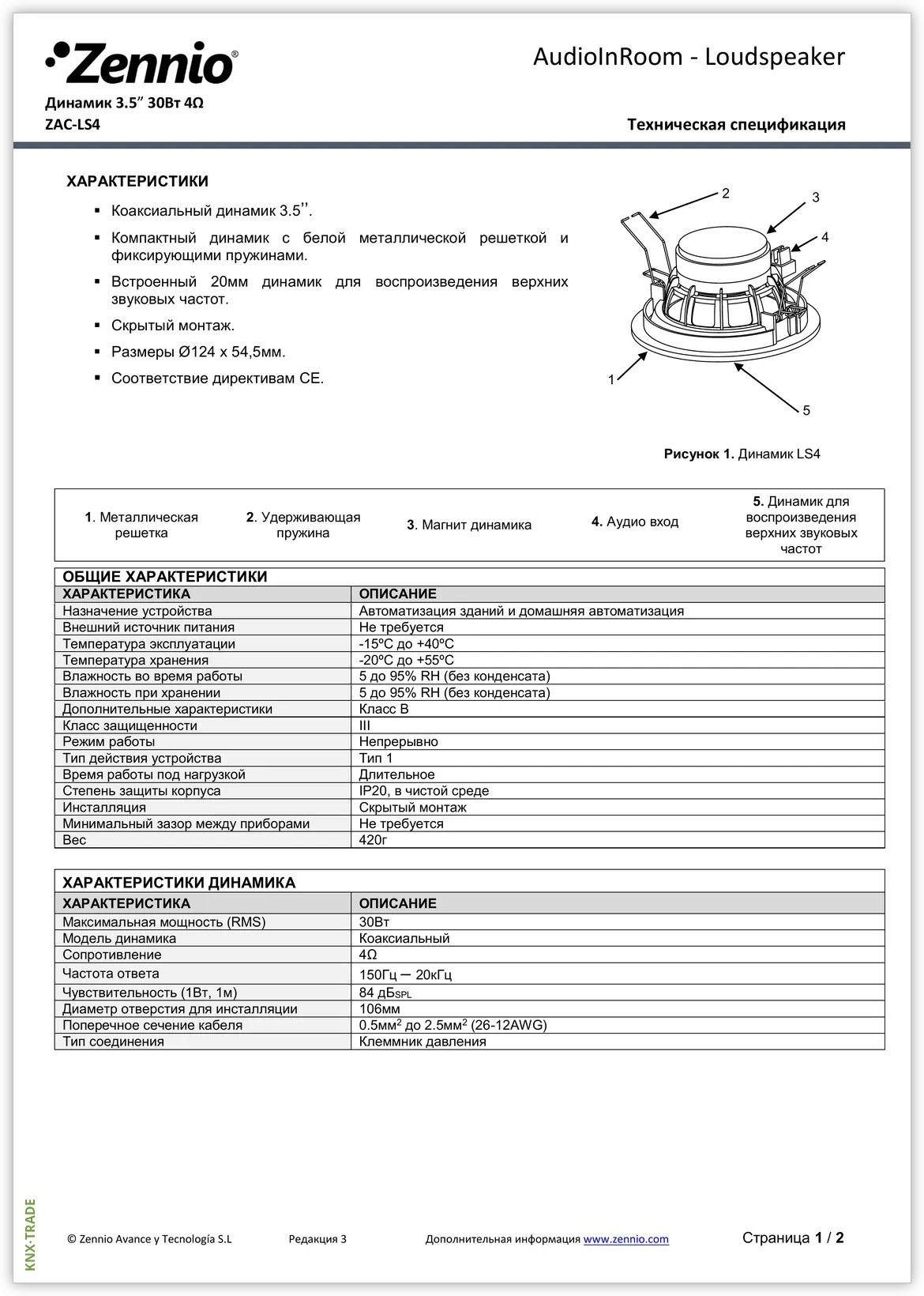 Datasheet (1) Zennio [ZAC-LS4] Loudspeakers 3.5 / Динамик 3.5