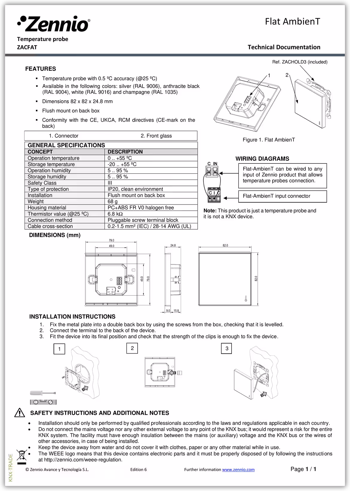 Datasheet (1) Zennio [ZACFAT] Flat AmbienT / Датчик температуры серии Flat