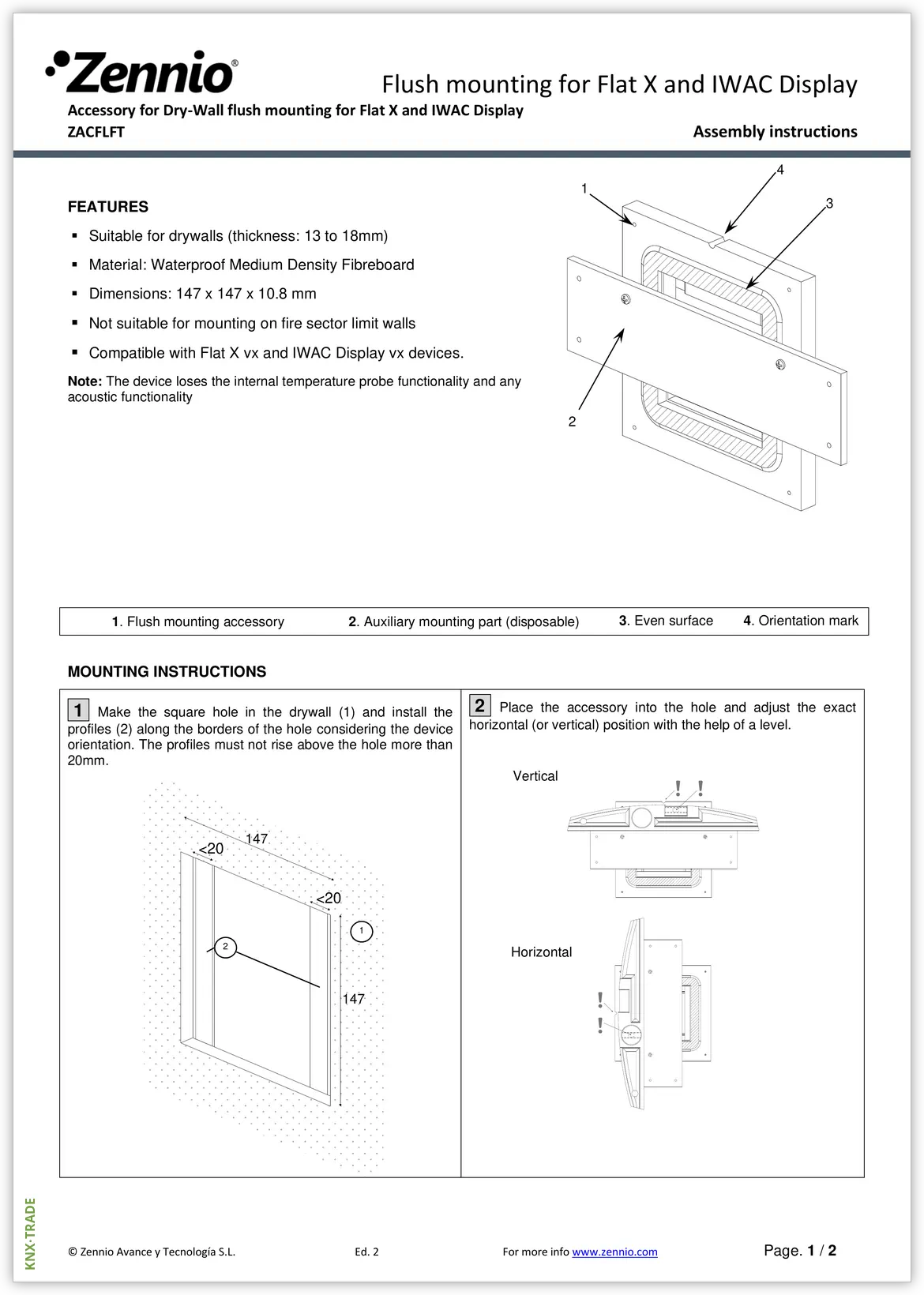 Datasheet (1) Zennio [ZACFLFT] FlushMounting Flat / Комплект крепления вровень стены для Flat