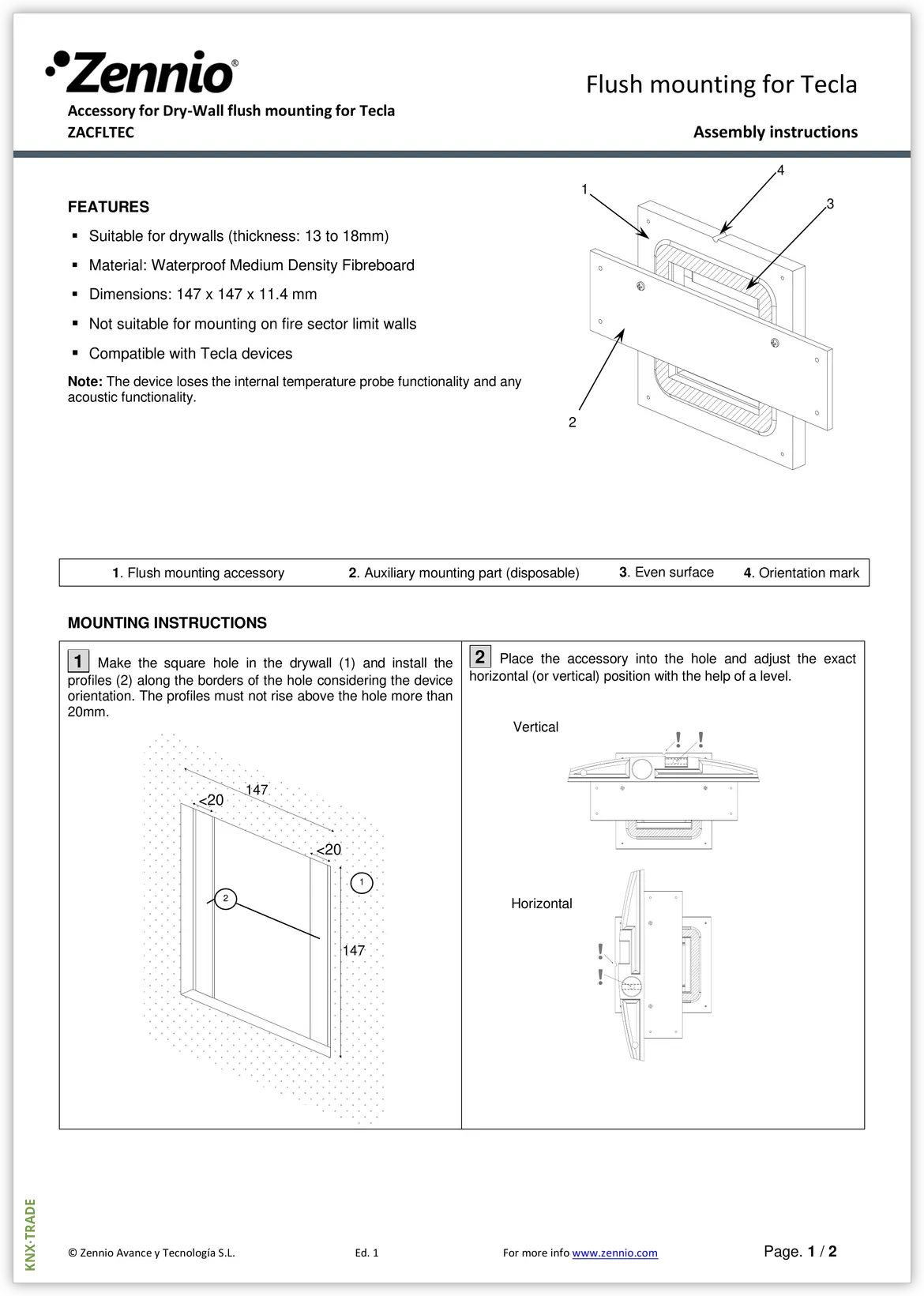 Datasheet (1) Zennio [ZACFLTEC] FlushMounting Tecla / Комплект крепления вровень стены для Tecla