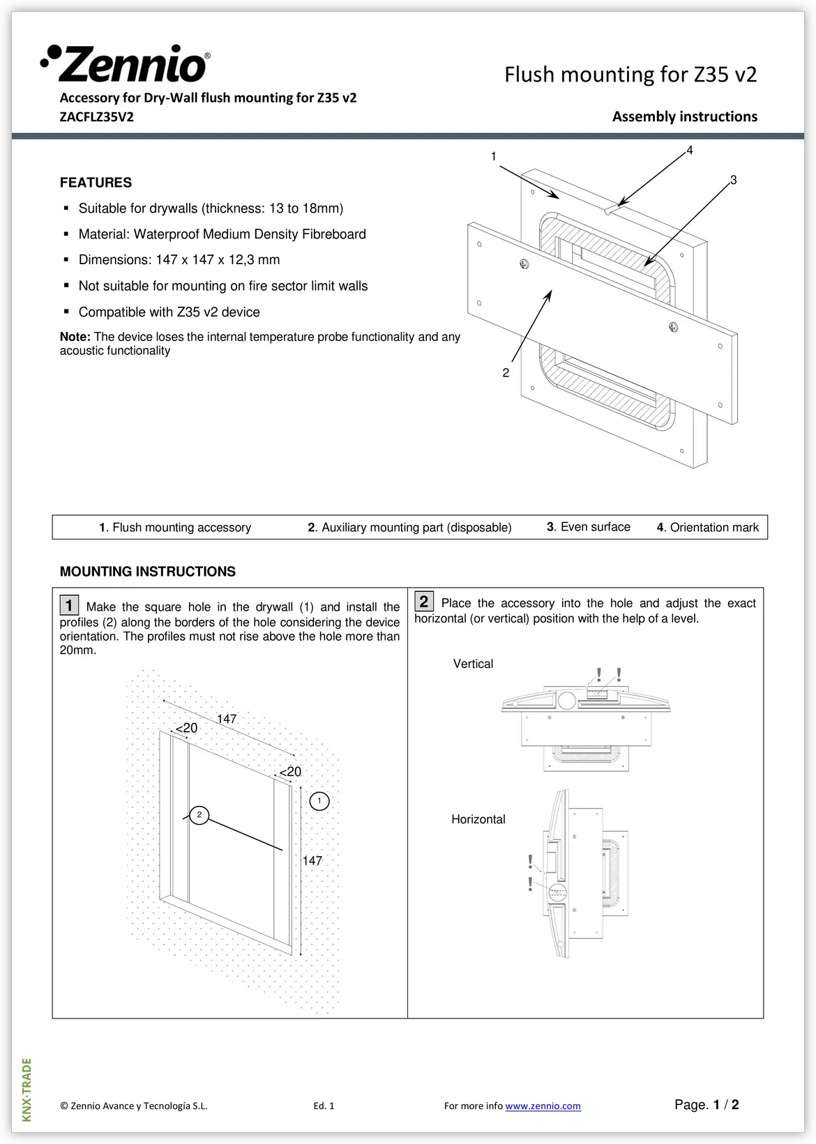 Datasheet (1) Zennio [ZACFLZ35V2] FlushMounting Z35 / Комплект крепления вровень стены для Z35