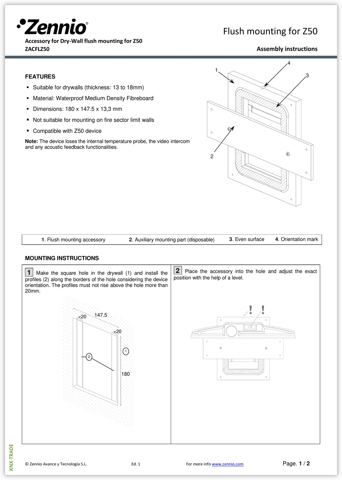 Datasheet (1) Zennio [ZACFLZ50] FlushMounting Z50 / Комплект крепления вровень стены для Z50