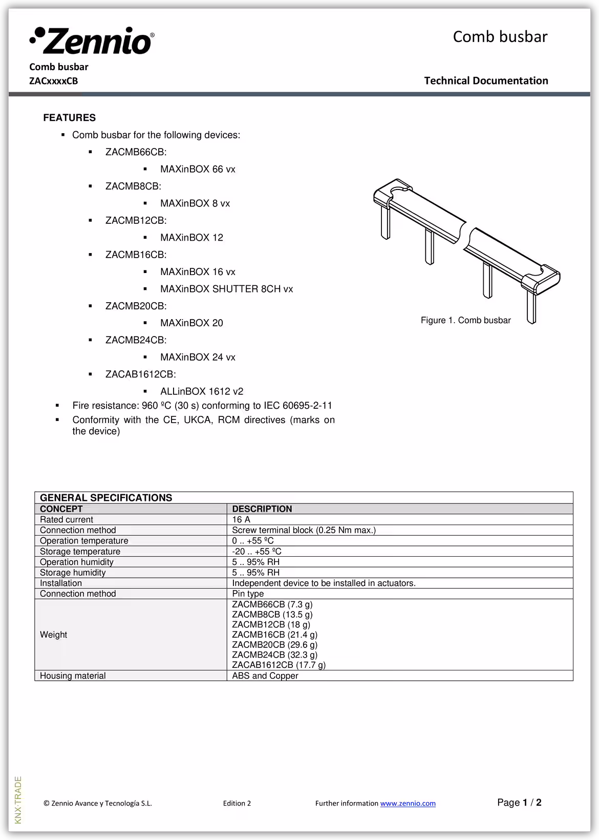 Datasheet (1) Zennio [ZACXXXXCB] Comb Busbar / Гребёнчатая шина для выходов актуаторов Zennio