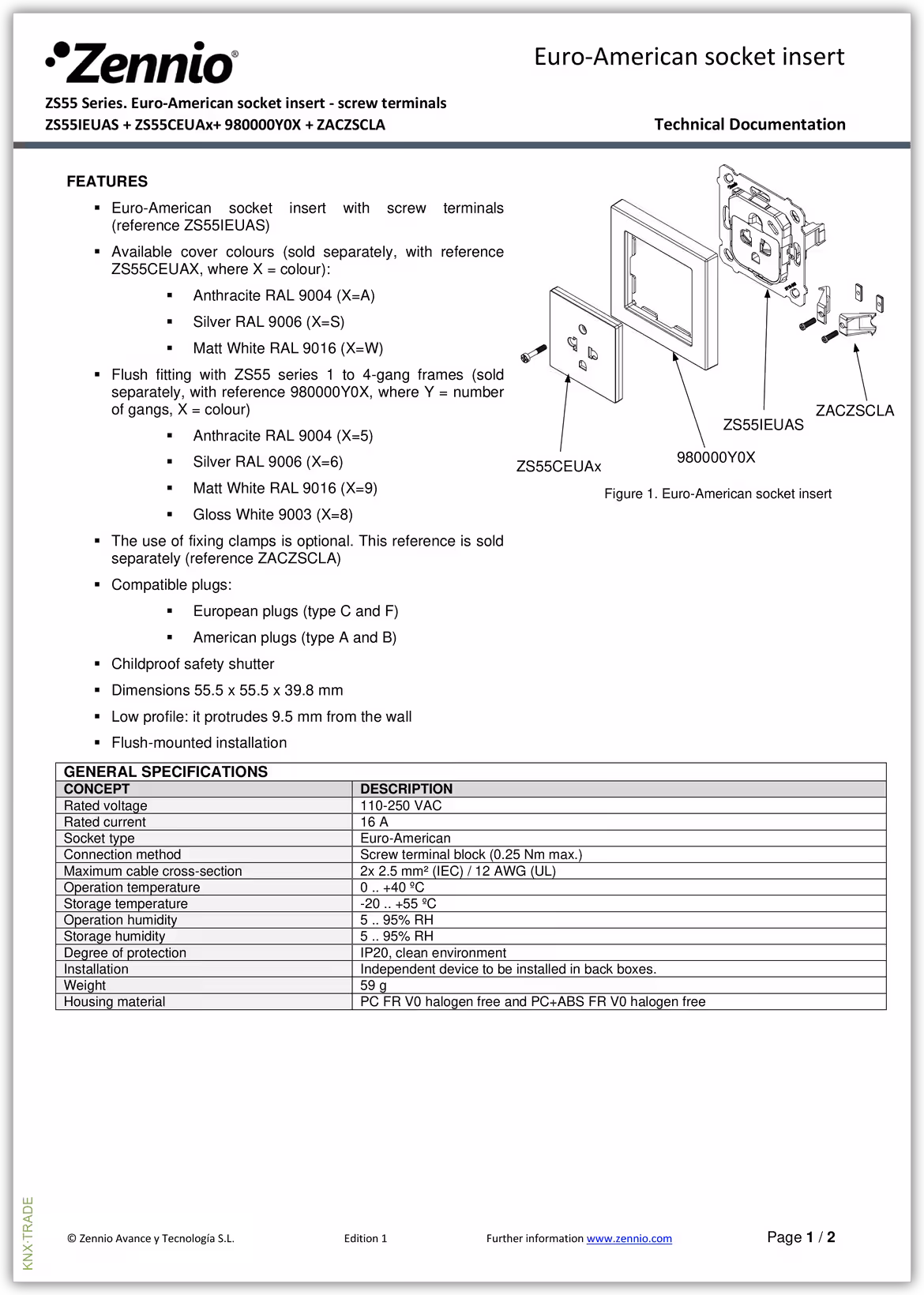 Datasheet (1) Zennio [ZACZSCLA] ZSCLA / Фиксаторы ZS55 для крепления вставок