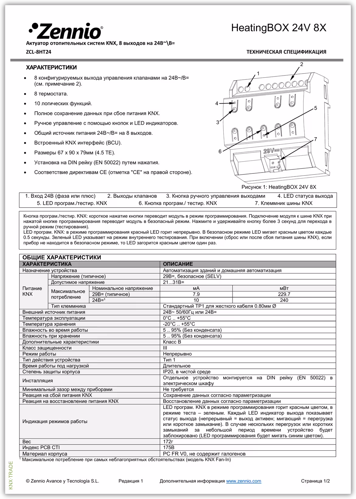 Datasheet (1) Zennio [ZCL-8HT24] HeatingBOX 24V 8X / Актуатор отопления KNX, 8 каналов, 24 VAC/DC
