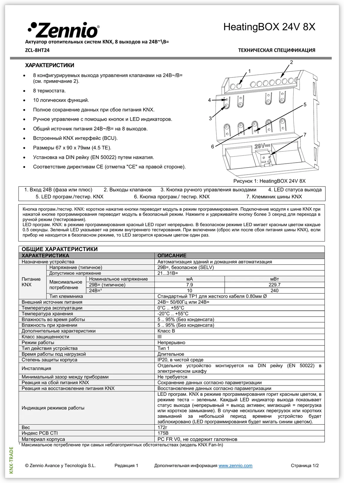 Datasheet (1) Zennio [ZCL-8HT24] HeatingBOX 24V 8X / Контроллер отопления KNX, 8 каналов, 24 VAC/DC