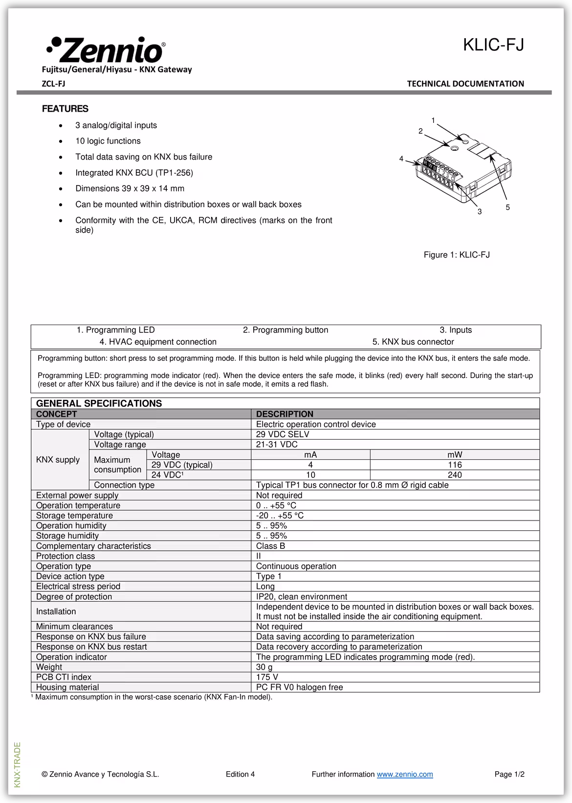 Datasheet (1) Zennio [ZCL-FJ] KLIC-FJ / Шлюз KNX-Fujitsu