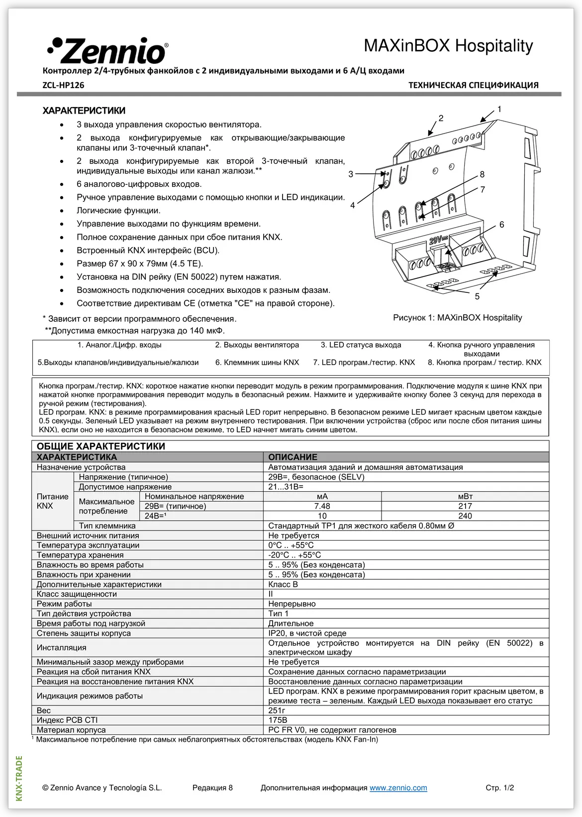 Datasheet (1) Zennio [ZCL-HP126] MAXinBOX Hospitality / Контроллер KNX для 2/4-х трубных фанкойлов