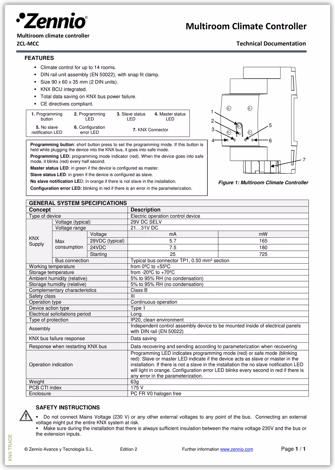 Datasheet (1) Zennio [ZCL-MCC] MCC / Контроллер климатический KNX, климат-контроль 14 помещений