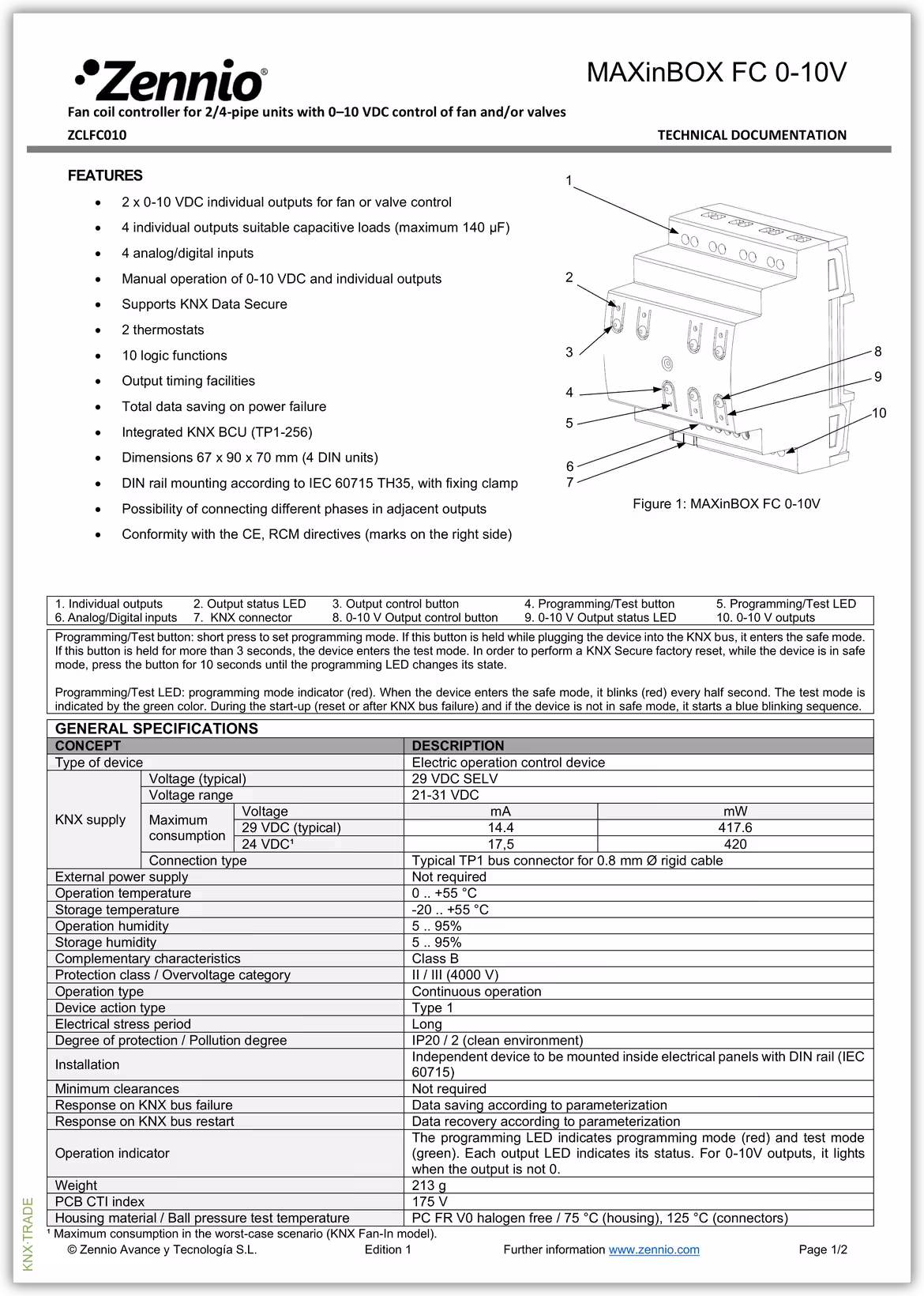Datasheet (1) Zennio [ZCLFC010] MAXinBOX FC 0-10V / Контроллер KNX для 2/4-х трубных фанкойлов