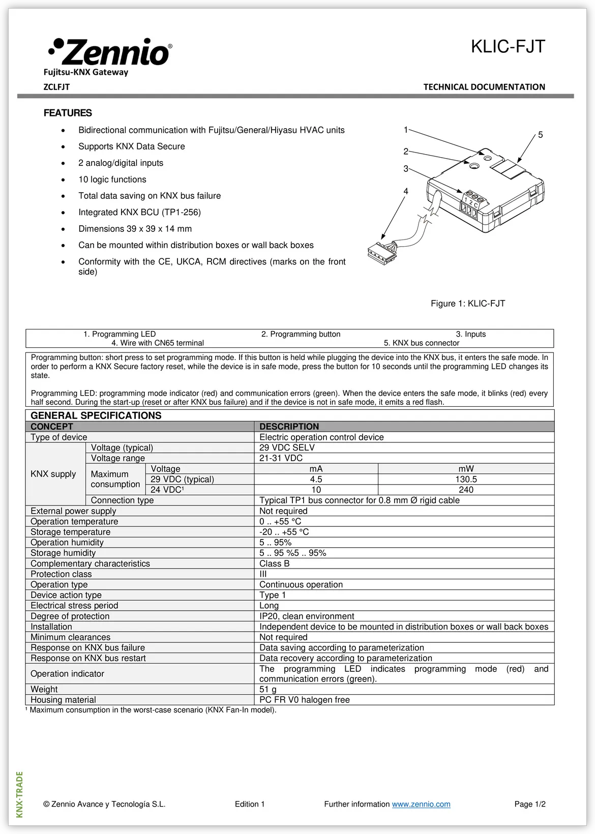 Datasheet (1) Zennio [ZCLFJT] KLIC-FJT / Шлюз KNX-Fujitsu (CN65)