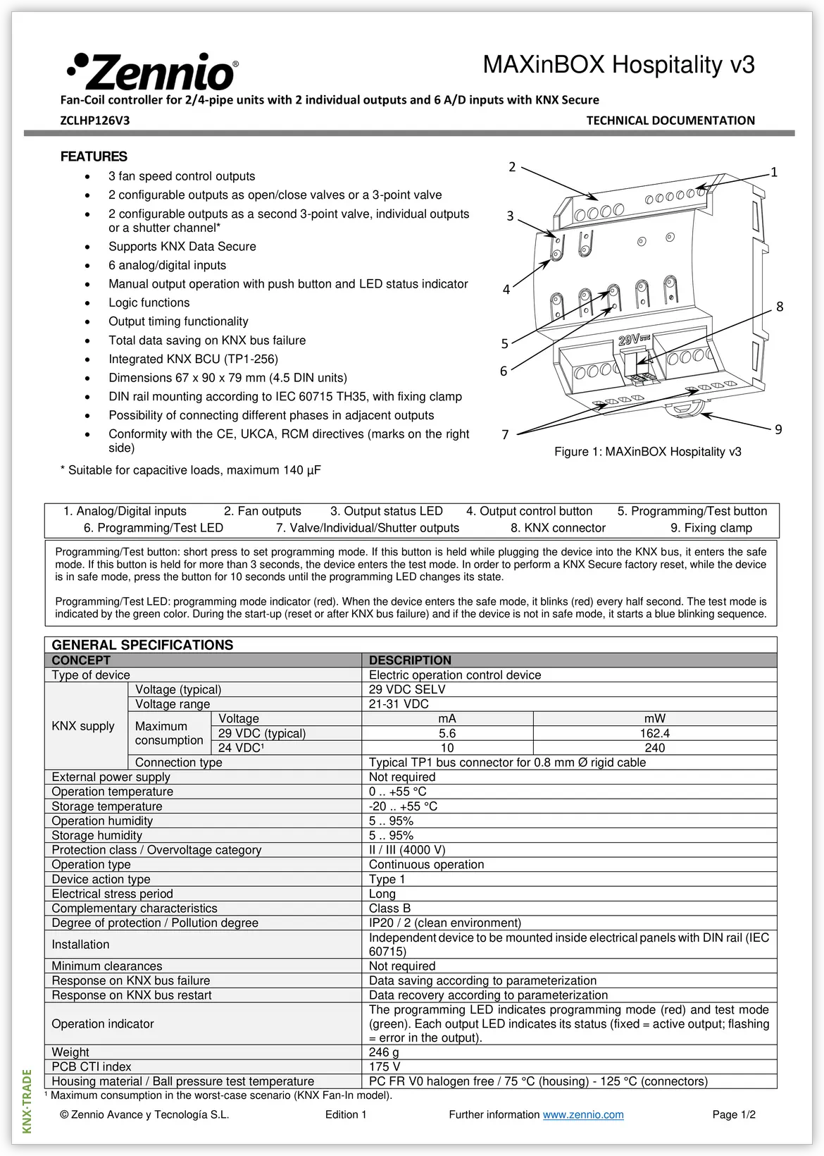 Datasheet (1) Zennio [ZCLHP126V3] MAXinBOX Hospitality v3 / Контроллер KNX для 2/4-х трубных фанкойлов