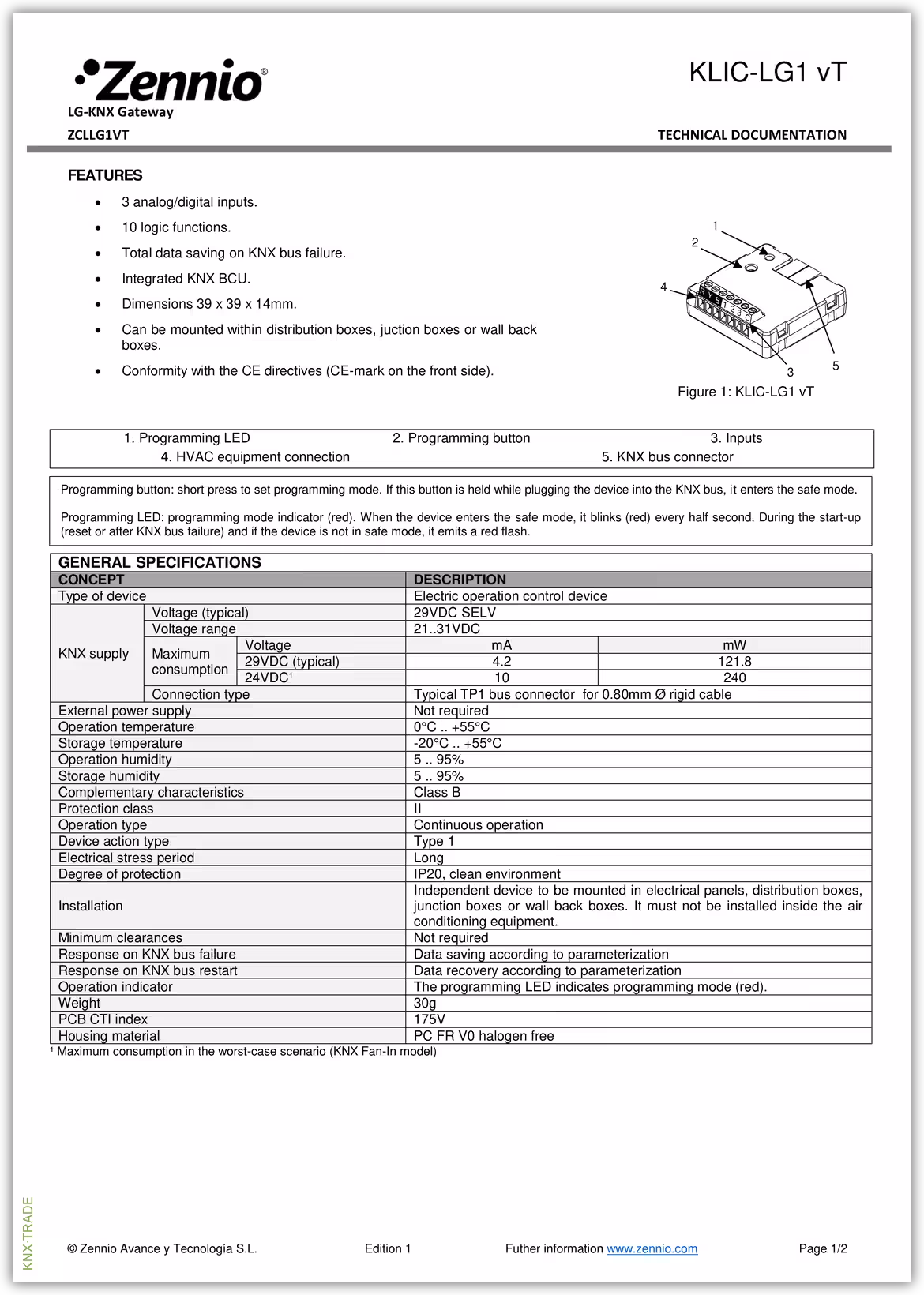 Datasheet (1) Zennio [ZCLLG1VT] KLIC-LG1 vT / Шлюз KNX-LG
