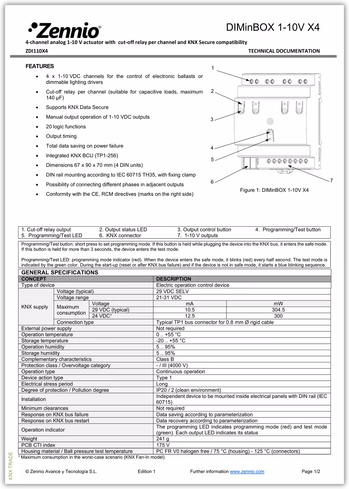 Datasheet (1) Zennio [ZDI110X4] DIMinBOX 1-10V X4 / Диммер KNX для 1-10V на 4 канала