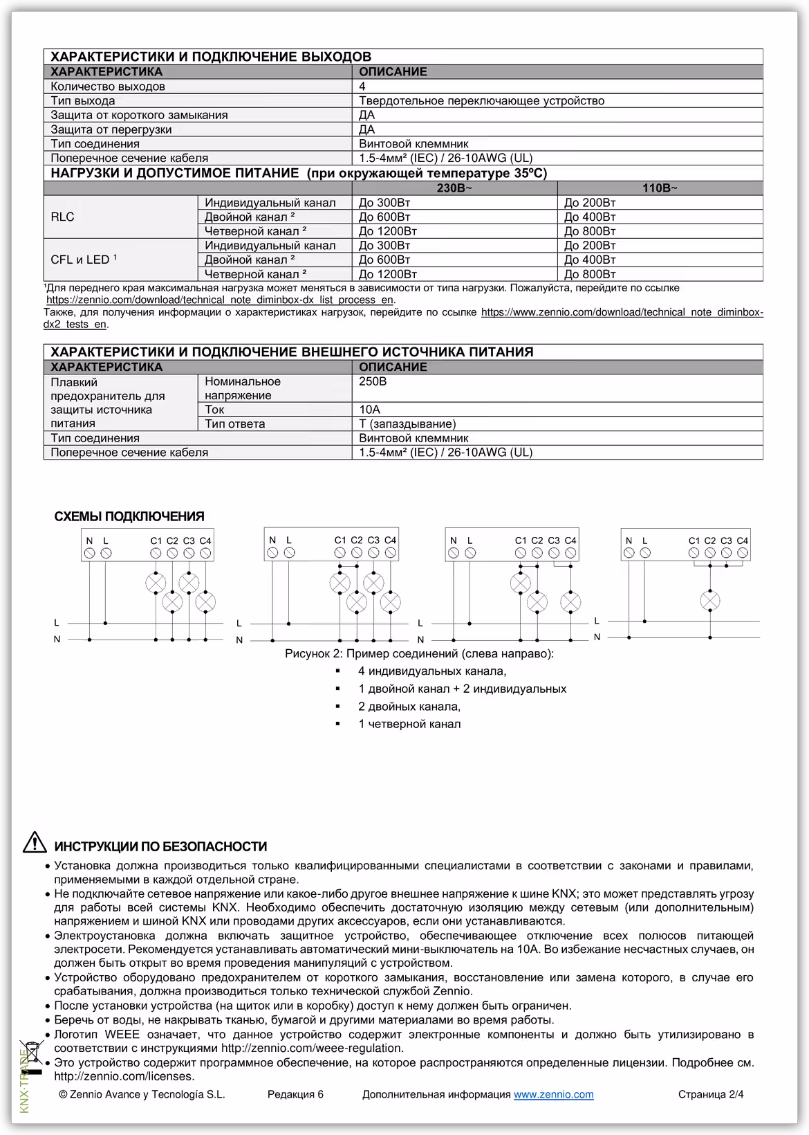 Datasheet (2) Zennio [ZDIDBDX4] DIMinBOX DX4 / Диммер KNX универсальный, 4-канальный, 300W