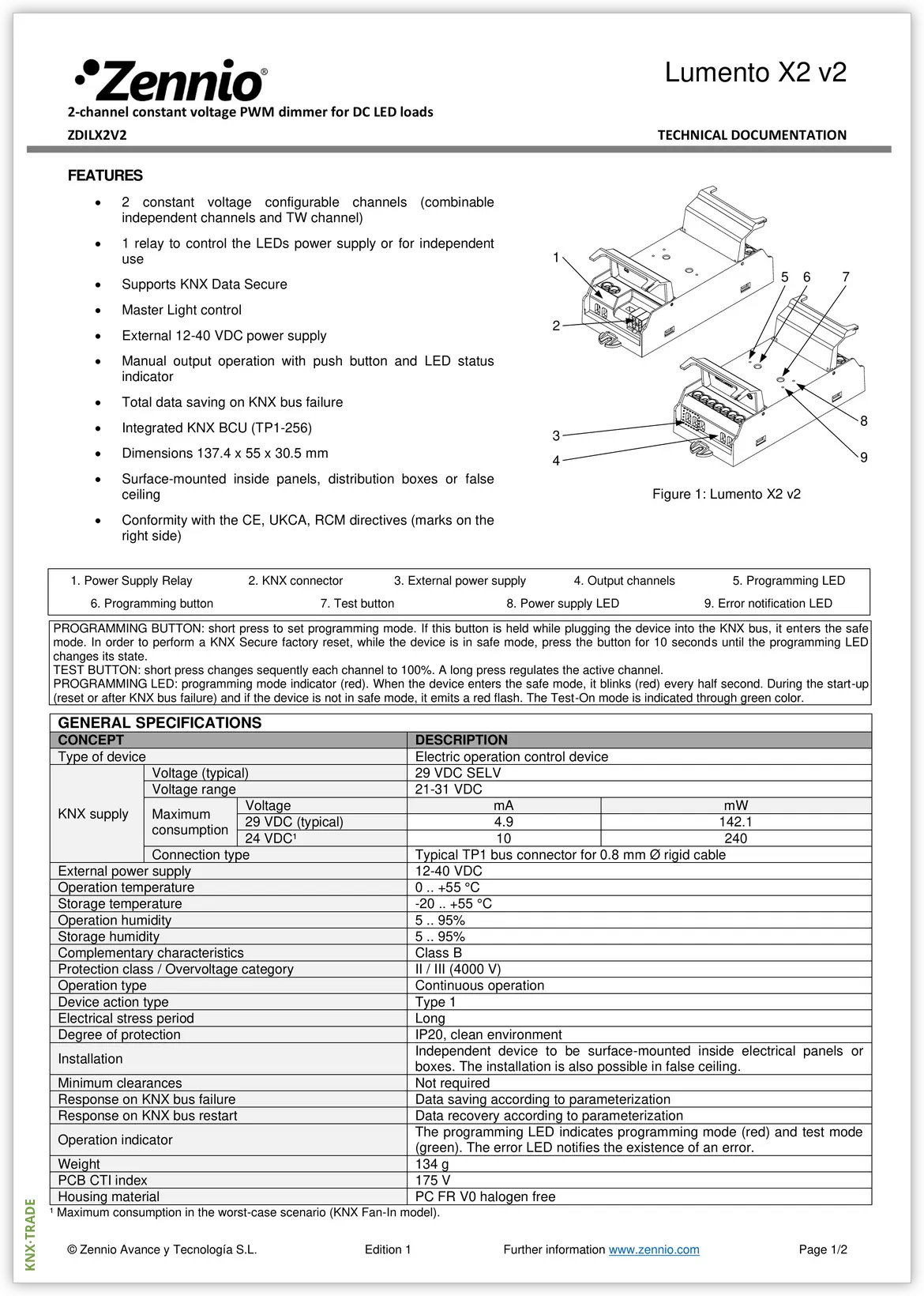 Datasheet (1) Zennio [ZDILX2V2] Lumento X2 v2 / Диммер KNX для LED, 2-канальный