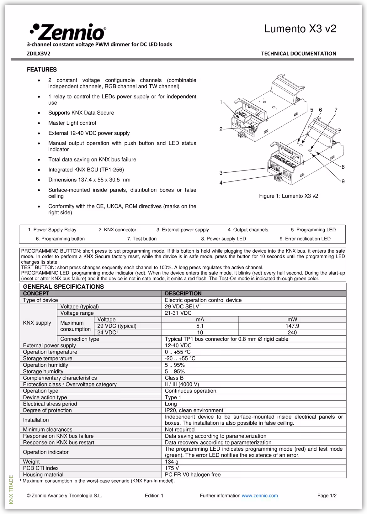 Datasheet (1) Zennio [ZDILX3V2] Lumento X3 v2 / Диммер KNX для LED, 3-канальный