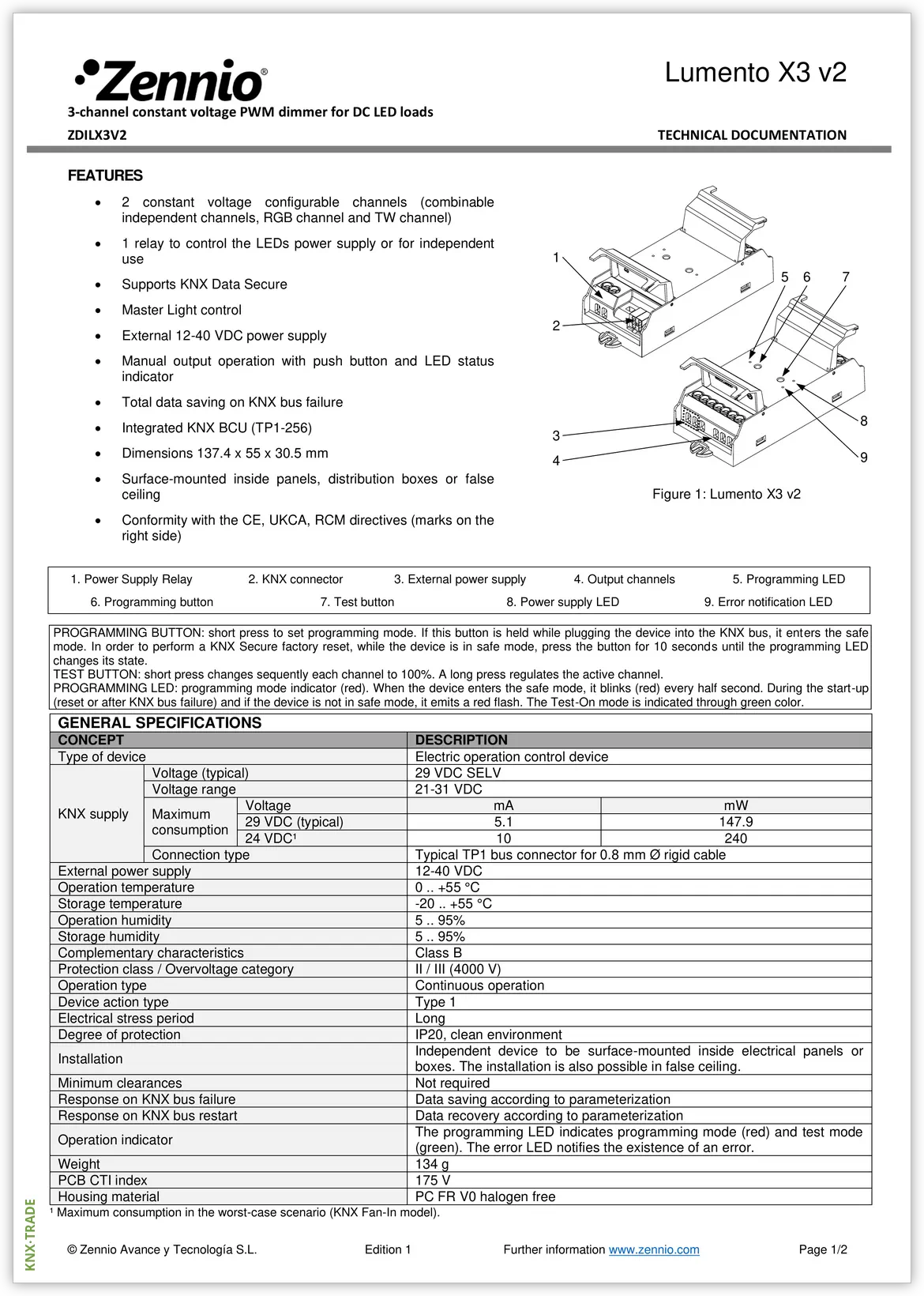 Datasheet (1) Zennio [ZDILX3V2] Lumento X3 v2 / Диммер KNX для LED, 3-канальный