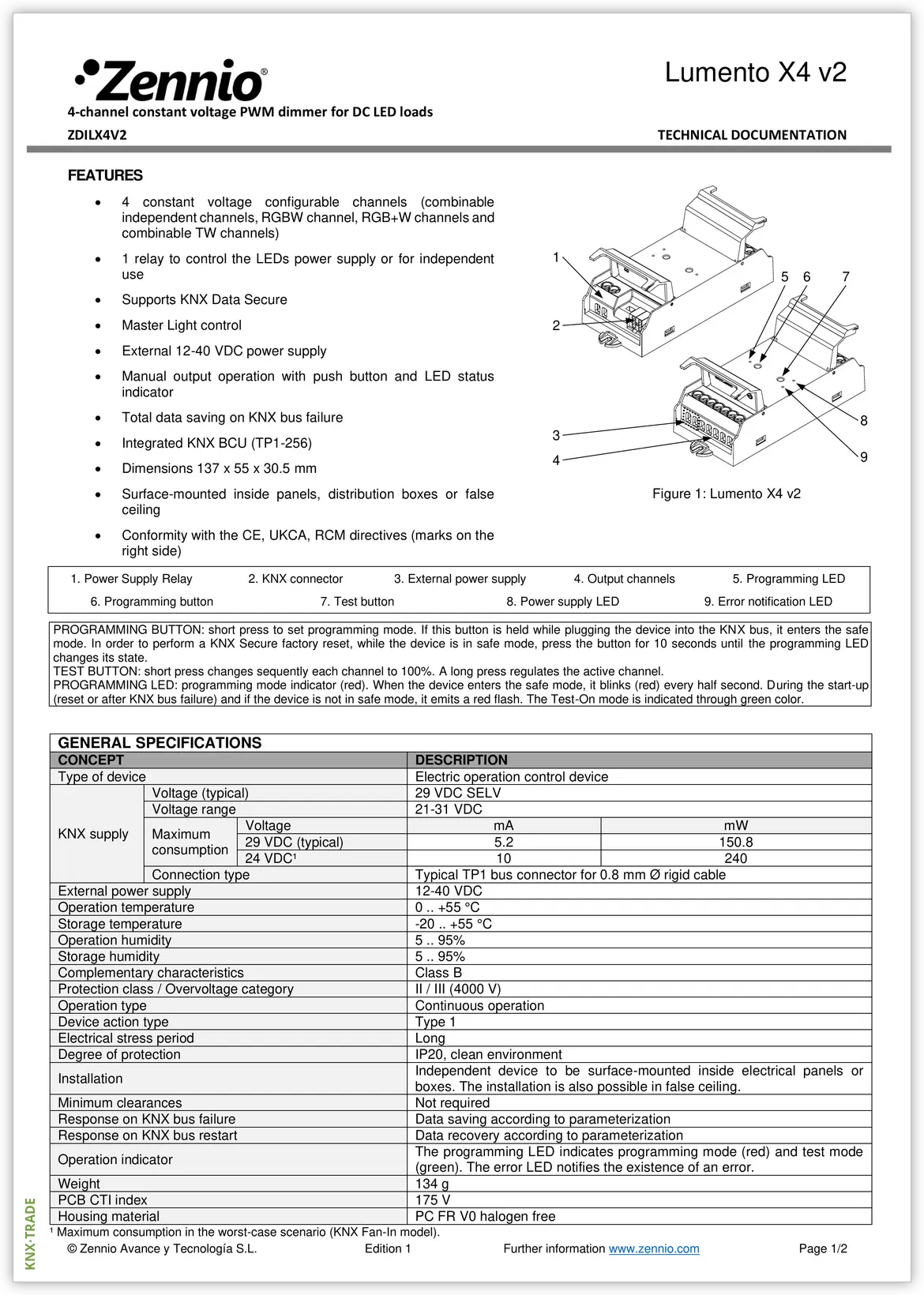 Datasheet (1) Zennio [ZDILX4V2] Lumento X4 v2 / Диммер KNX для LED, 4-канальный