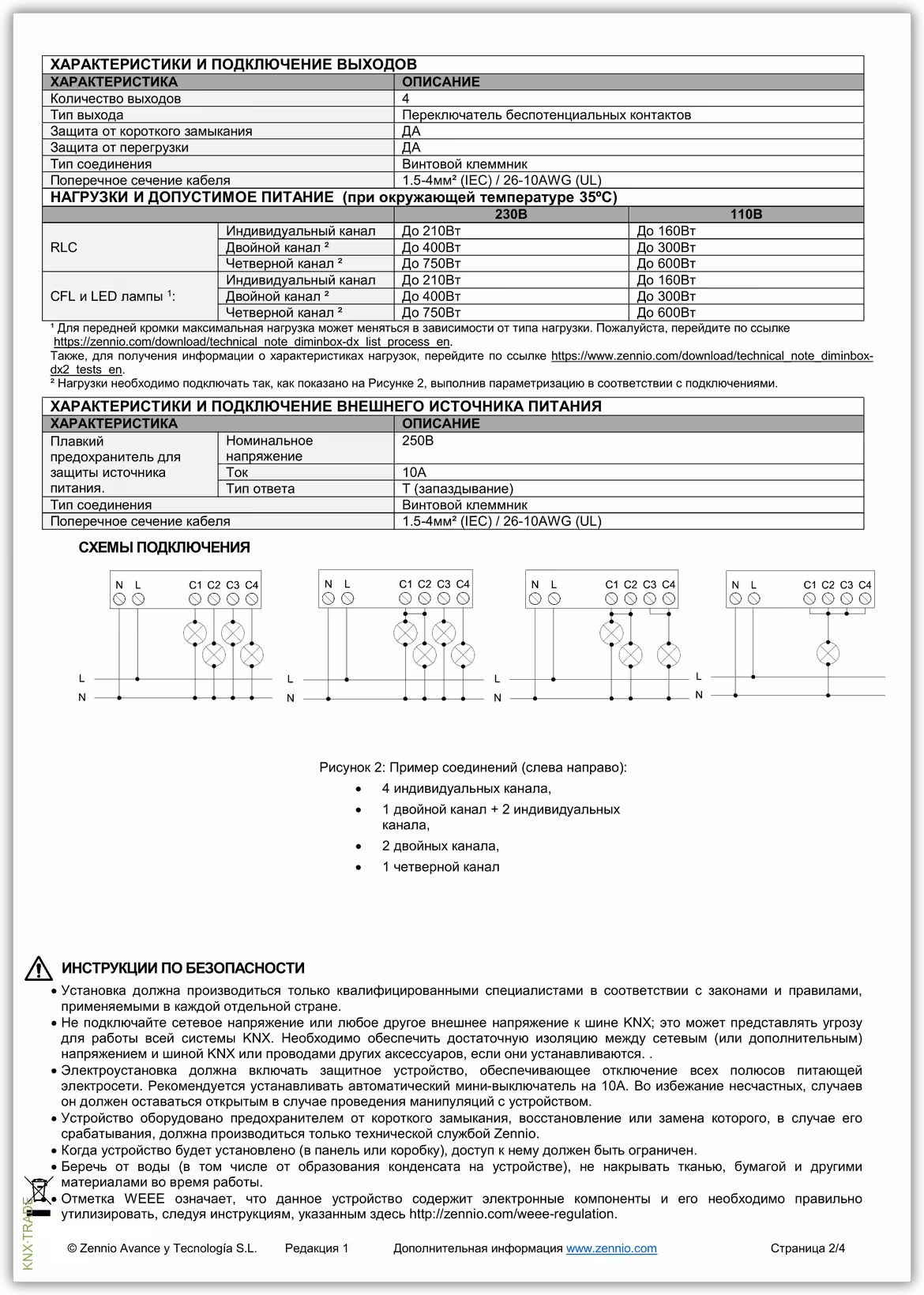 Datasheet (2) Zennio [ZDINDX4] NarrowDIM X4 / Диммер KNX универсальный, 4-канальный, 210W