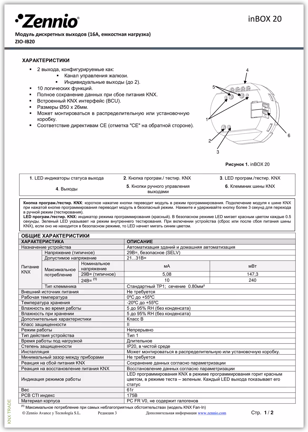 Datasheet (1) Zennio [ZIO-IB20] inBOX 20 / Актуатор KNX для скрытого монтажа, 2-выхода