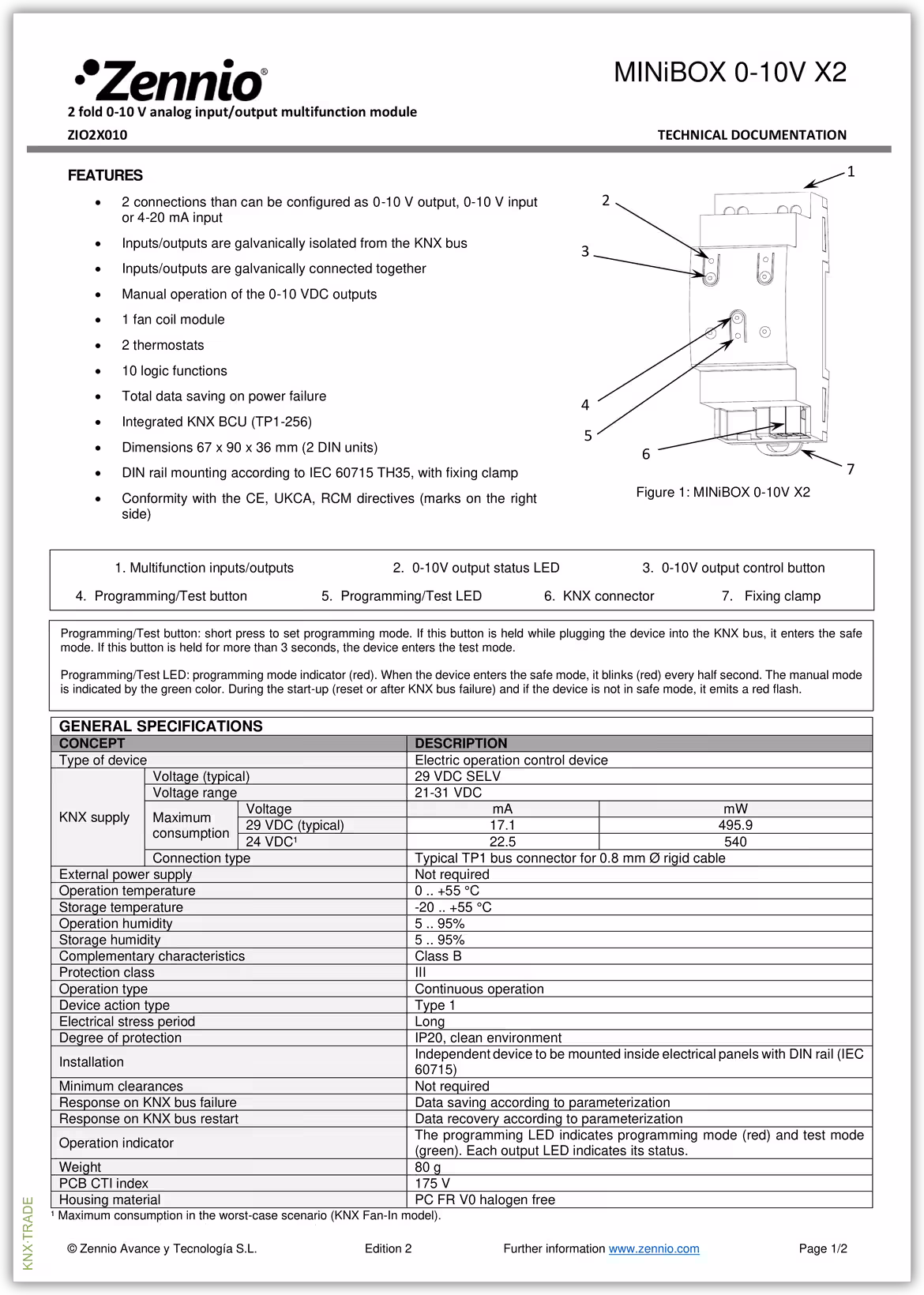 Datasheet (1) Zennio [ZIO2X010] MINiBOX 0-10V X2 / Актуатор KNX, ввод/вывод 0-10V, 2-канальный