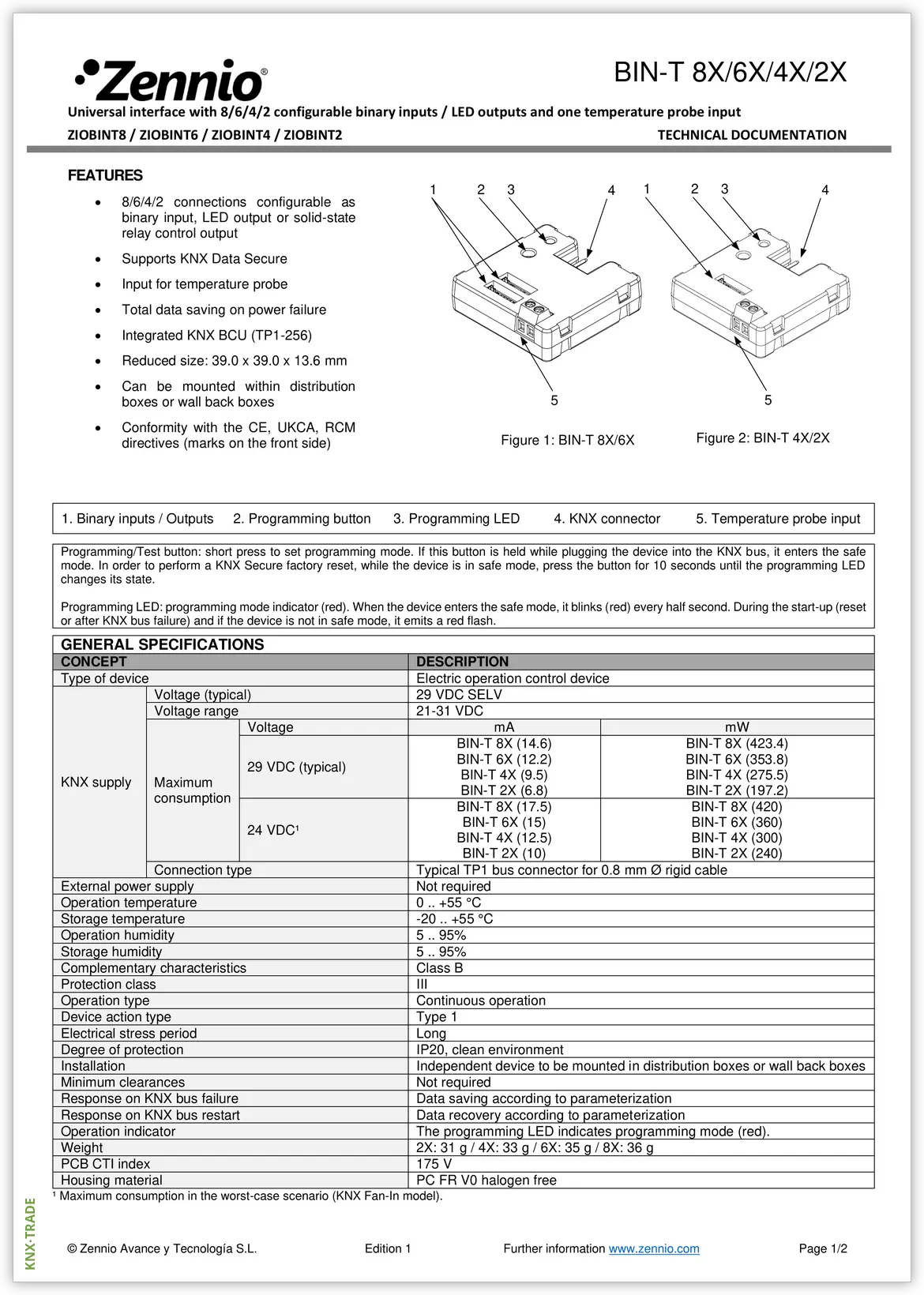 Datasheet (1) Zennio [ZIOBINT2] BIN-T 2X / Модуль KNX интерфейсный, 2 дискретных входа