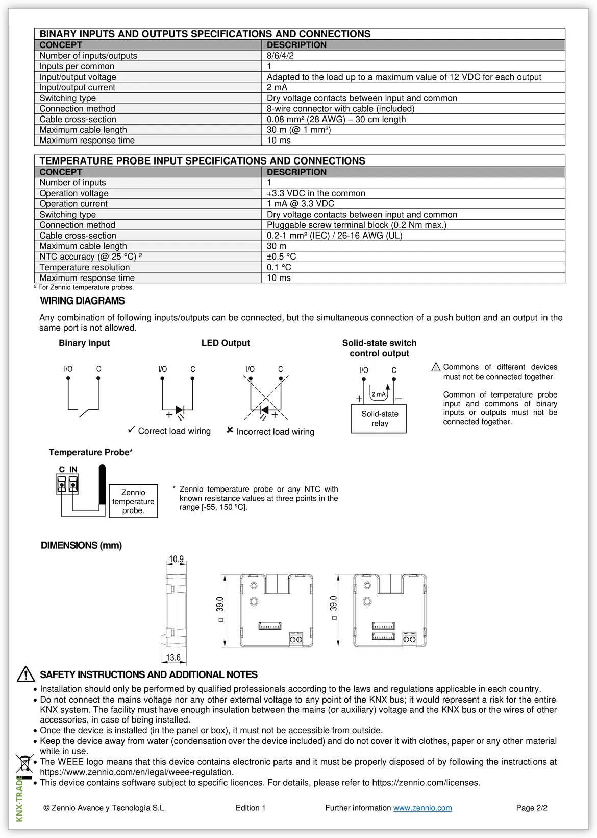 Datasheet (2) Zennio [ZIOBINT2] BIN-T 2X / Модуль KNX интерфейсный, 2 дискретных входа